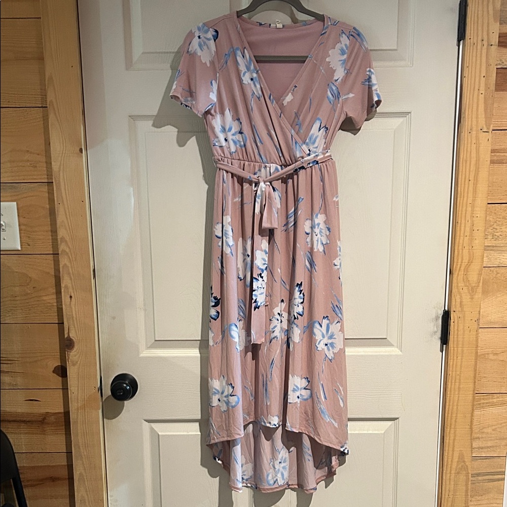 Maternity Floral Wrap Dress in Pink and Blue